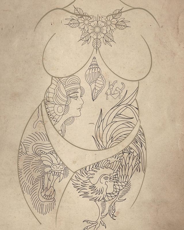 Flash-Entwurf für ein Bodysuit-Konzept mit mehreren Traditional-Motiven